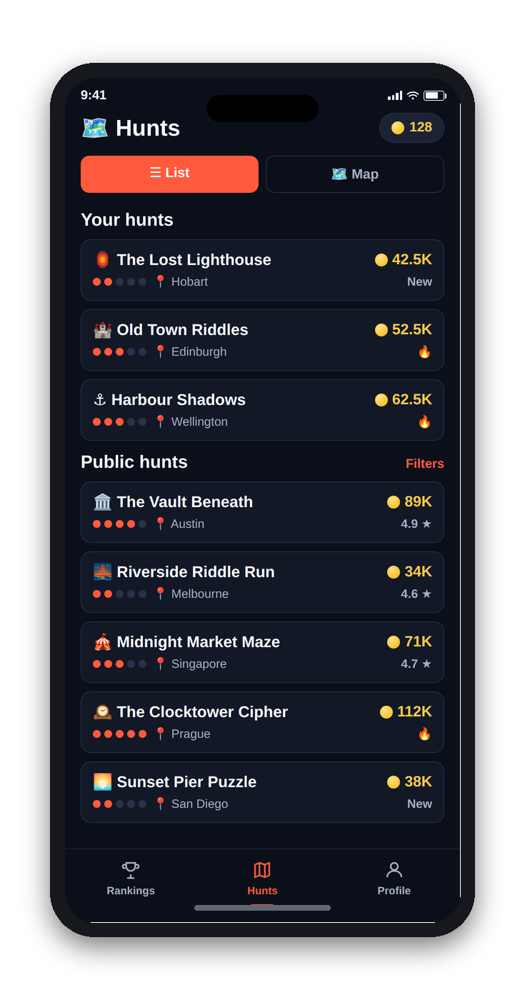 Pinventure's hunt list screen, showing your own hunts and nearby public hunts with hardness dots, treasure value, and status badges