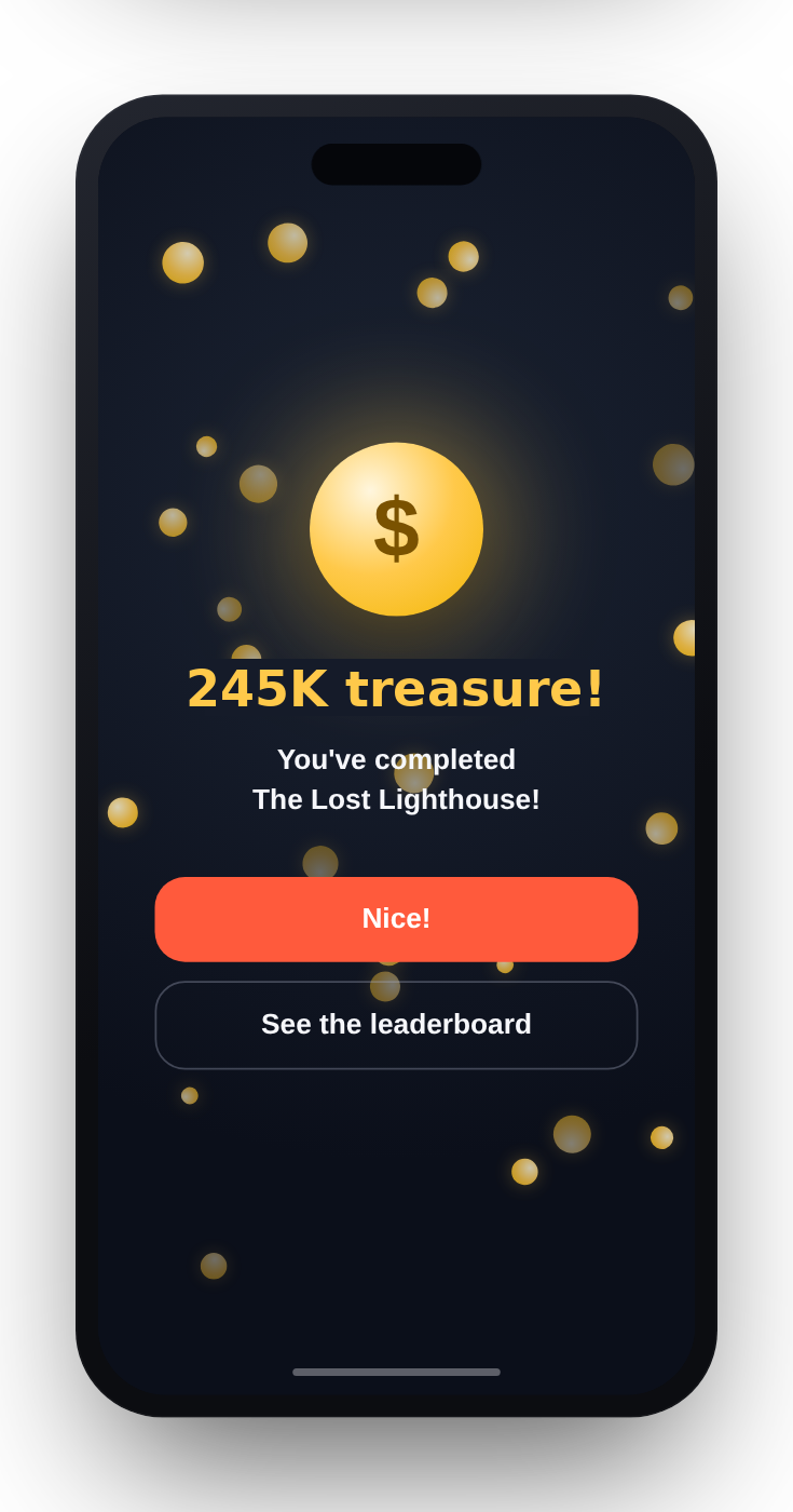 Pinventure's treasure celebration screen with falling gold coins after completing a hunt