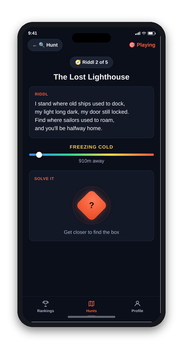 Pinventure's riddle-solving screen, showing the current clue, a hot/cold distance gauge, and the box to find once close enough
